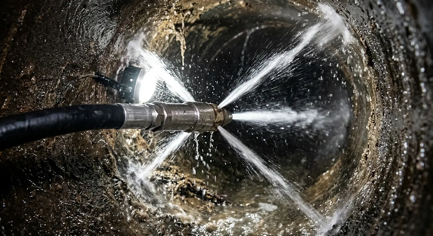 High-pressure hydro jetting nozzle cleaning sewer pipe for Trenchless Sewer Repair in Maplewood