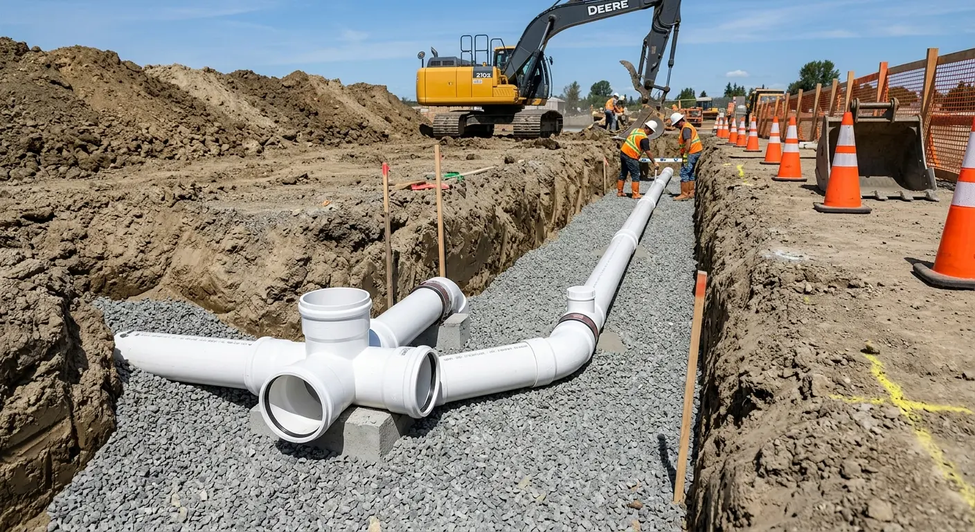 New PVC sewer pipe installation in open trench for Sewer Backup in Maplewood